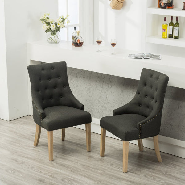 English Elm Charcoal Linen Wingback Dining Chairs with Gold Nail Heads and Button Tufting Set of 2 T2574P164606