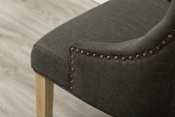 English Elm Charcoal Linen Wingback Dining Chairs with Gold Nail Heads and Button Tufting Set of 2 T2574P164606