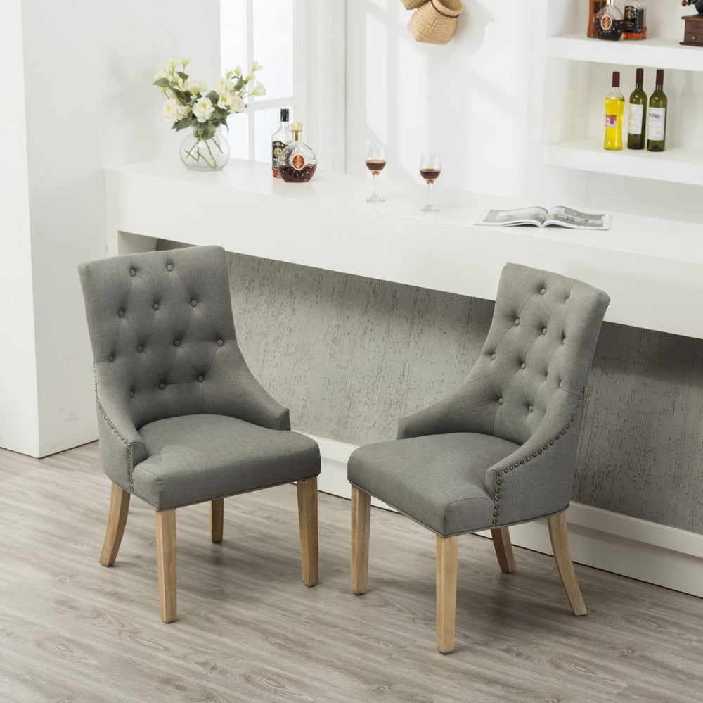 English Elm Grey Wingback Dining Hostess Chairs Linen Upholstered Solid Wood Frame Set of 2 T2574P164607