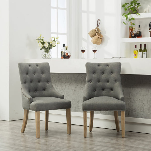 English Elm Grey Wingback Dining Hostess Chairs Linen Upholstered Solid Wood Frame Set of 2 T2574P164607