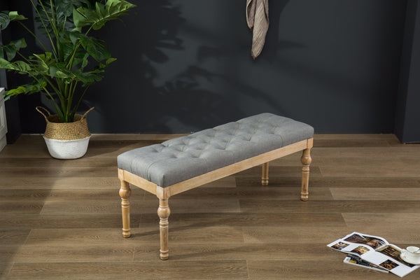 English Elm Habit Button Tufted Linen Cotton Upholstered Bench with Turned Hardwood Legs T2574P164609