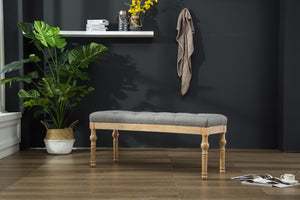 English Elm Habit Button Tufted Linen Cotton Upholstered Bench with Turned Hardwood Legs T2574P164609