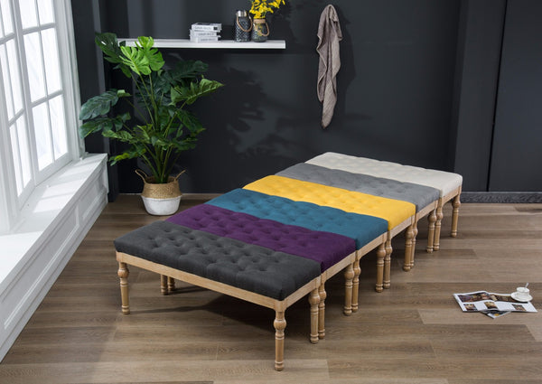English Elm Habit Button Tufted Linen Cotton Upholstered Bench with Turned Hardwood Legs T2574P164609