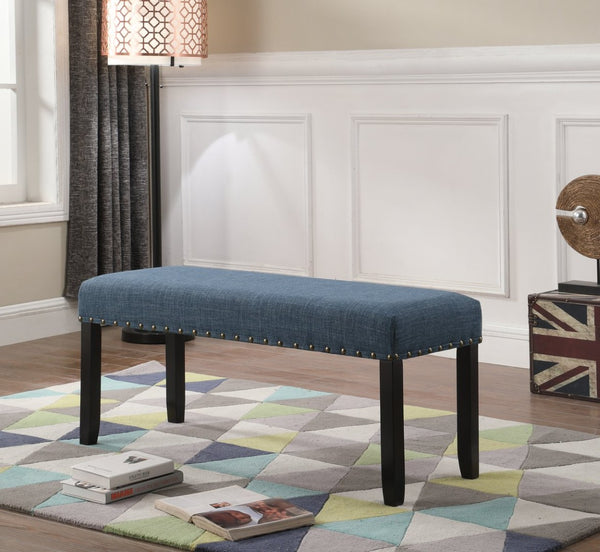 English Elm Biony Upholstered Dining Bench Linen Cotton Seat Nailhead Trim Hardwood Legs Blue T2574P164610