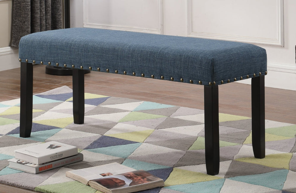 English Elm Biony Upholstered Dining Bench Linen Cotton Seat Nailhead Trim Hardwood Legs Blue T2574P164610
