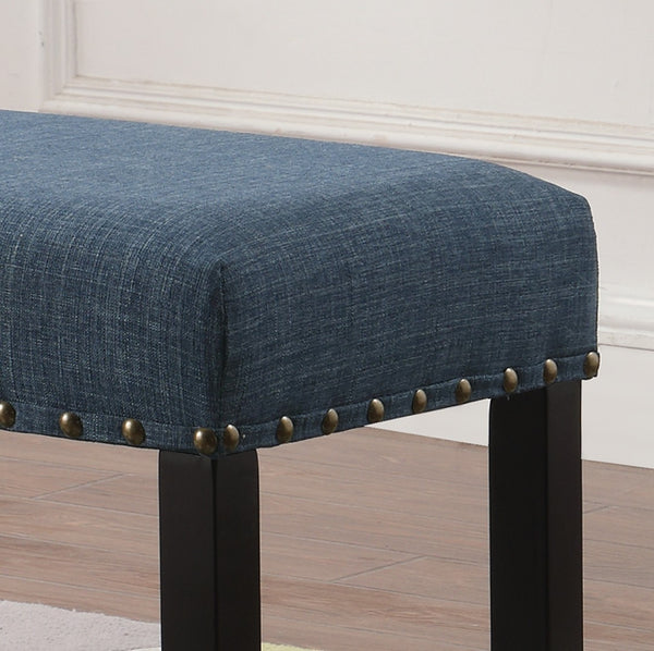 English Elm Biony Upholstered Dining Bench Linen Cotton Seat Nailhead Trim Hardwood Legs Blue T2574P164610
