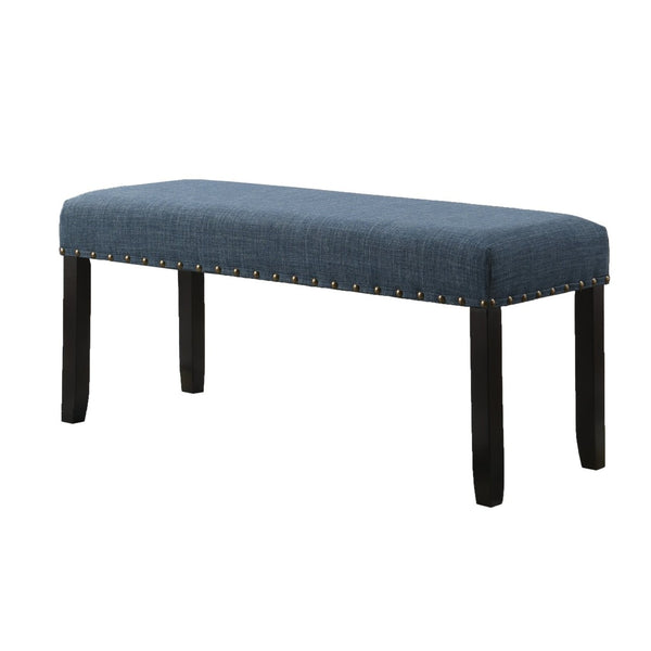 English Elm Biony Upholstered Dining Bench Linen Cotton Seat Nailhead Trim Hardwood Legs Blue T2574P164610