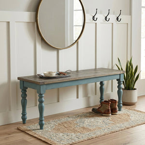 English Elm Prato Solid Rubberwood Dining Bench with Distressed Oak Seat and Turned Farmhouse Legs Blue+Brown T2574P164613