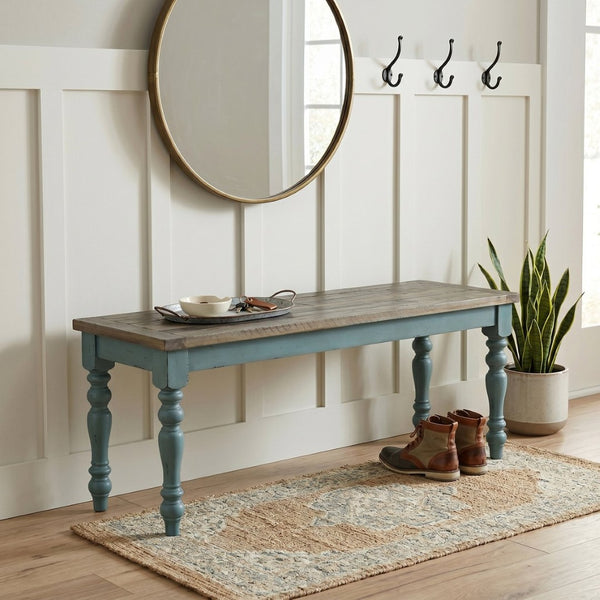 English Elm Prato Solid Rubberwood Dining Bench with Distressed Oak Seat and Turned Farmhouse Legs Blue+Brown T2574P164613