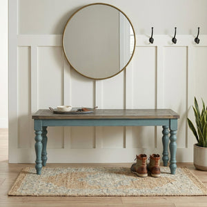 English Elm Prato Solid Rubberwood Dining Bench with Distressed Oak Seat and Turned Farmhouse Legs Blue+Brown T2574P164613