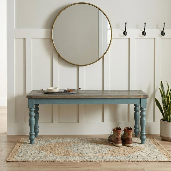 English Elm Prato Solid Rubberwood Dining Bench with Distressed Oak Seat and Turned Farmhouse Legs Blue+Brown T2574P164613