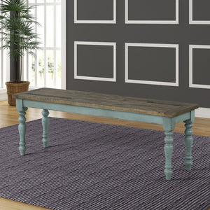 English Elm Prato Solid Rubberwood Dining Bench with Distressed Oak Seat and Turned Farmhouse Legs Blue+Brown T2574P164613