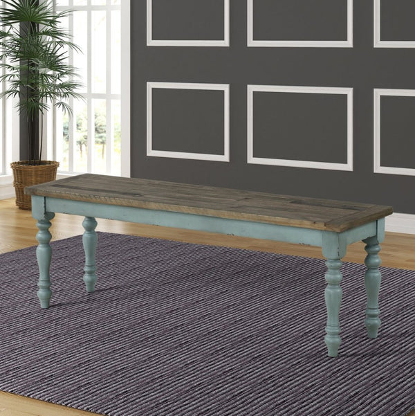 English Elm Prato Solid Rubberwood Dining Bench with Distressed Oak Seat and Turned Farmhouse Legs Blue+Brown T2574P164613
