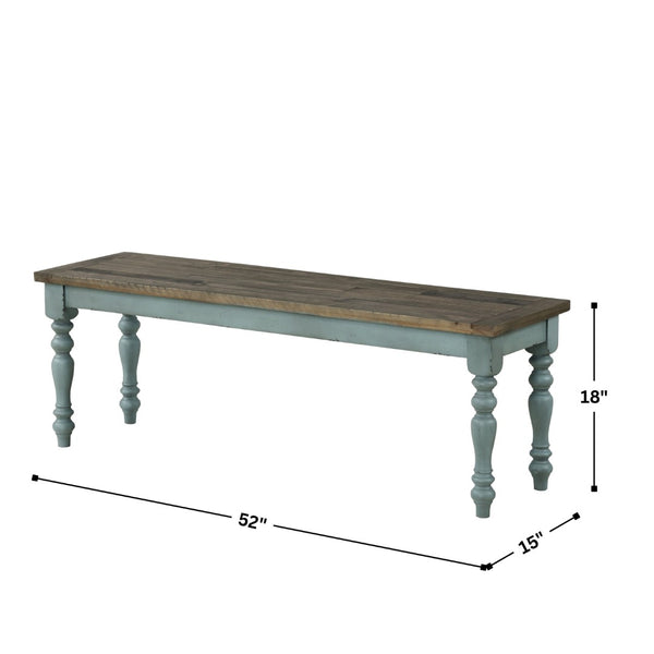 English Elm Prato Solid Rubberwood Dining Bench with Distressed Oak Seat and Turned Farmhouse Legs Blue+Brown T2574P164613