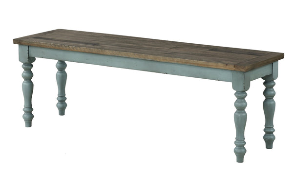 English Elm Prato Solid Rubberwood Dining Bench with Distressed Oak Seat and Turned Farmhouse Legs Blue+Brown T2574P164613