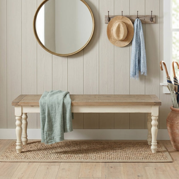 English Elm Prato Solid Rubberwood Dining Bench with Distressed Oak Seat and Turned Farmhouse Legs White T2574P164614