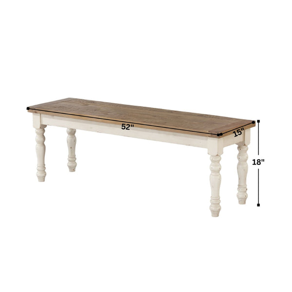 English Elm Prato Solid Rubberwood Dining Bench with Distressed Oak Seat and Turned Farmhouse Legs White T2574P164614