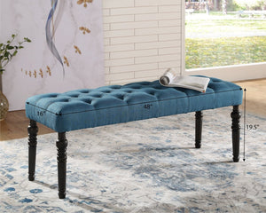 English Elm Leviton Button Tufted Upholstered Dining Bench Solid Wood Turned Legs Oak Finish Blue T2574P164615