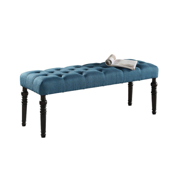English Elm Leviton Button Tufted Upholstered Dining Bench Solid Wood Turned Legs Oak Finish Blue T2574P164615