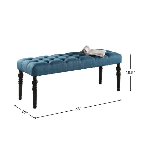 English Elm Leviton Button Tufted Upholstered Dining Bench Solid Wood Turned Legs Oak Finish Blue T2574P164615