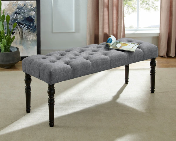English Elm Leviton Button Tufted Upholstered Dining Bench Solid Wood Turned Legs Oak Finish Gray T2574P164616