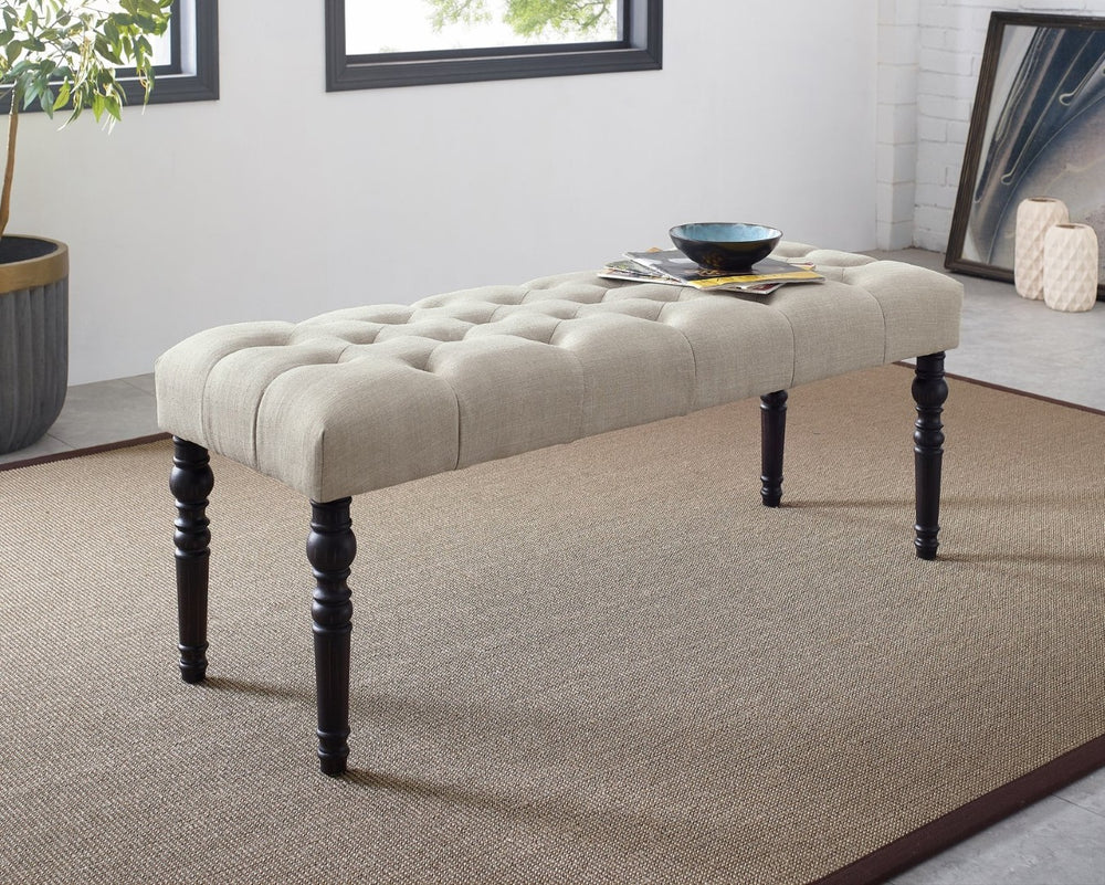 English Elm Leviton Button Tufted Upholstered Dining Bench Solid Wood Turned Legs Oak Finish Tan T2574P164618