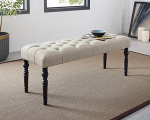 English Elm Leviton Button Tufted Upholstered Dining Bench Solid Wood Turned Legs Oak Finish Tan T2574P164618