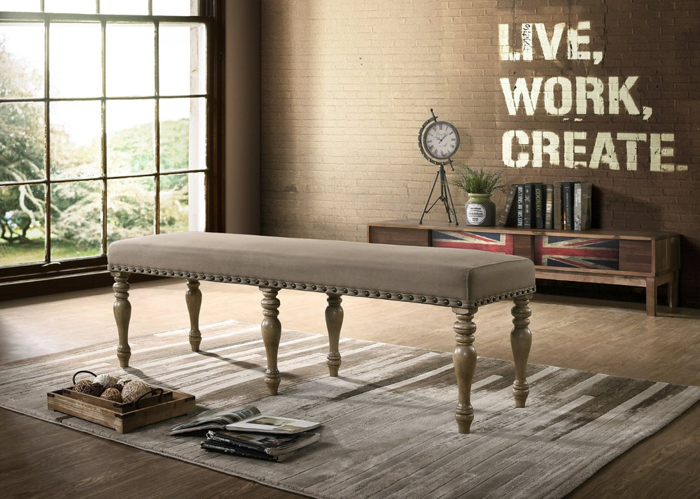 English Elm Birmingham Microfiber Upholstered Dining Bench Nailhead Trim Driftwood Turned Legs T2574P164621