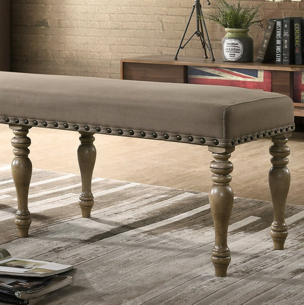 English Elm Birmingham Microfiber Upholstered Dining Bench Nailhead Trim Driftwood Turned Legs T2574P164621