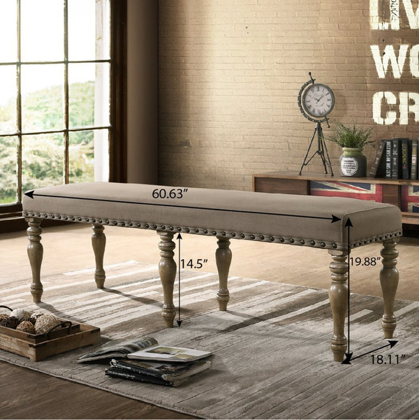 English Elm Birmingham Microfiber Upholstered Dining Bench Nailhead Trim Driftwood Turned Legs T2574P164621