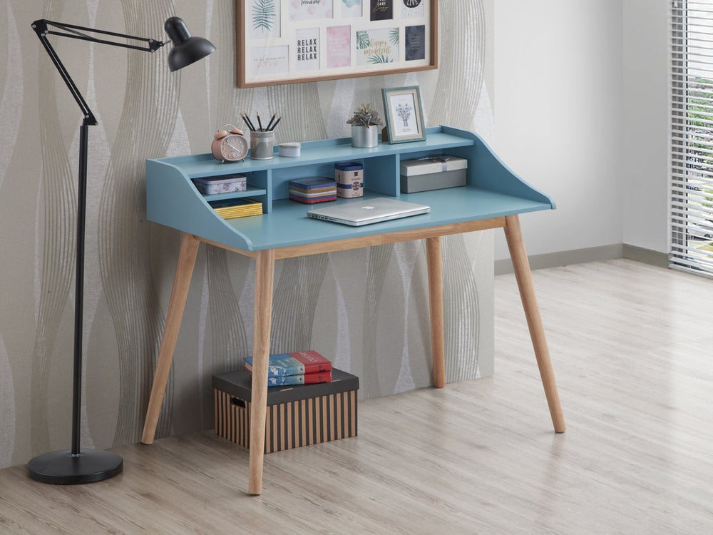 English Elm Roskilde Mid-century Writing Desk with Open Hutch Shelves and Tapered Rubberwood Legs T2574P164626
