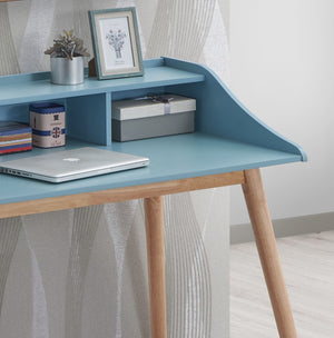 English Elm Roskilde Mid-century Writing Desk with Open Hutch Shelves and Tapered Rubberwood Legs T2574P164626