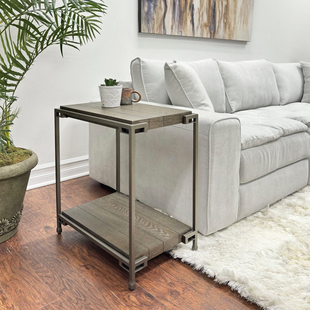 English Elm Corbeta Industrial Metal and Wood Chairside Table with Bottom Shelf for Living Rooms T2574P164630
