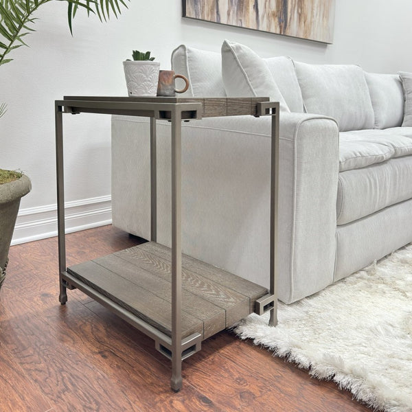 English Elm Corbeta Industrial Metal and Wood Chairside Table with Bottom Shelf for Living Rooms T2574P164630