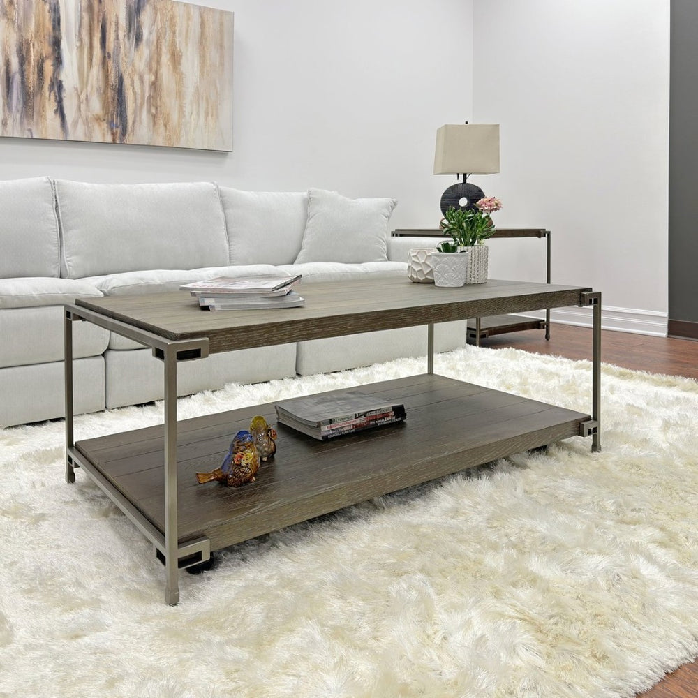 English Elm Corbeta Industrial Loft Coffee Table with Oak Veneer Top Casters and Open Shelf T2574P164640
