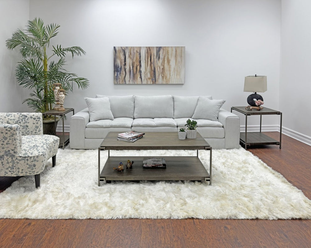 English Elm Corbeta Industrial Loft Coffee Table with Oak Veneer Top Casters and Open Shelf T2574P164640