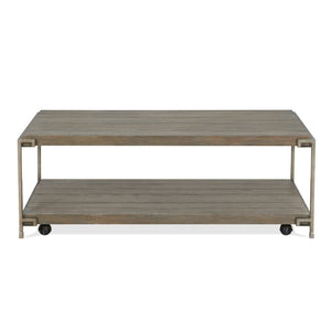English Elm Corbeta Industrial Loft Coffee Table with Oak Veneer Top Casters and Open Shelf T2574P164640