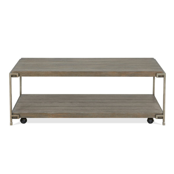 English Elm Corbeta Industrial Loft Coffee Table with Oak Veneer Top Casters and Open Shelf T2574P164640