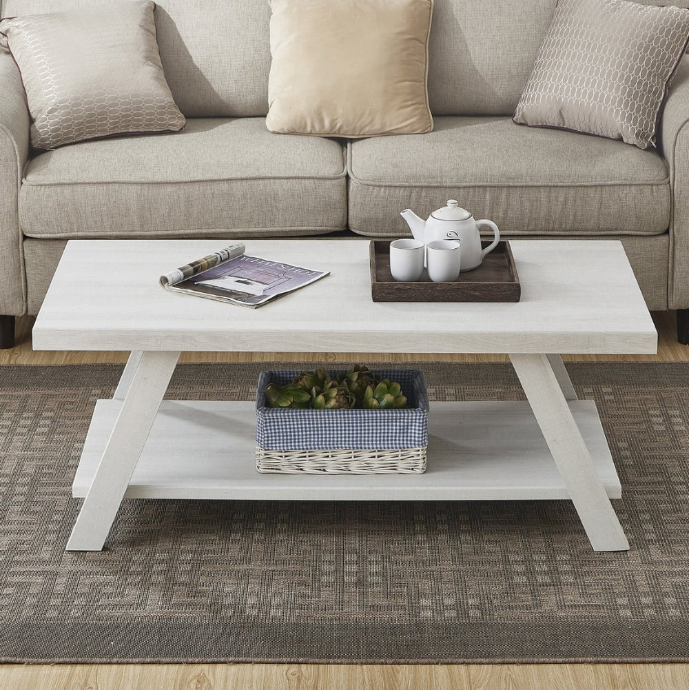 English Elm Athens Sculptural Wood Veneer Coffee Table with Open Shelf and Splayed Legs T2574P164643
