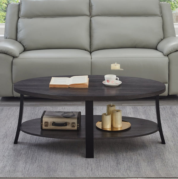 English Elm Anze Oval Wood Grain Coffee Table with Open Shelf for Modern Living Rooms Charcoal T2574P164648