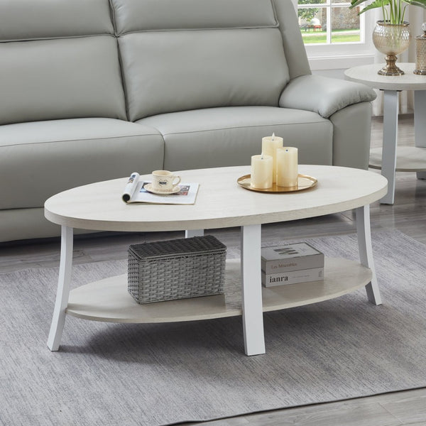 English Elm Anze Oval Wood Grain Coffee Table with Open Shelf for Modern Living Rooms White T2574P164649