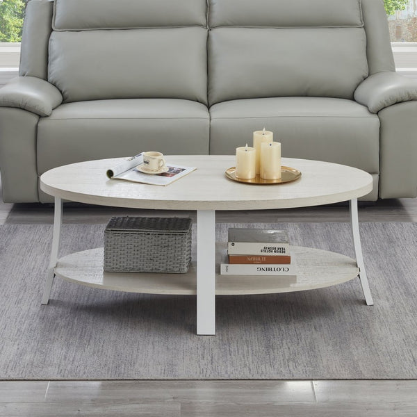 English Elm Anze Oval Wood Grain Coffee Table with Open Shelf for Modern Living Rooms White T2574P164649
