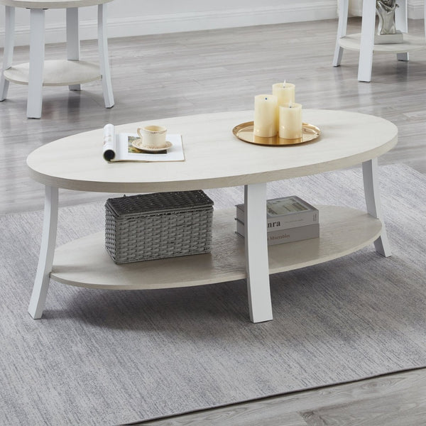 English Elm Anze Oval Wood Grain Coffee Table with Open Shelf for Modern Living Rooms White T2574P164649
