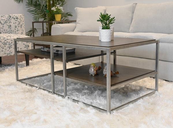English Elm Padena Acacia Wood and Metal Coffee Table with Open Shelves for Modern Living Rooms T2574P164650