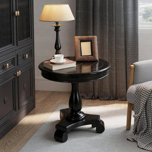 English Elm Rene Carved Solid Wood Round Pedestal Side Table with Scrolled Feet for Living Spaces Black T2574P164760