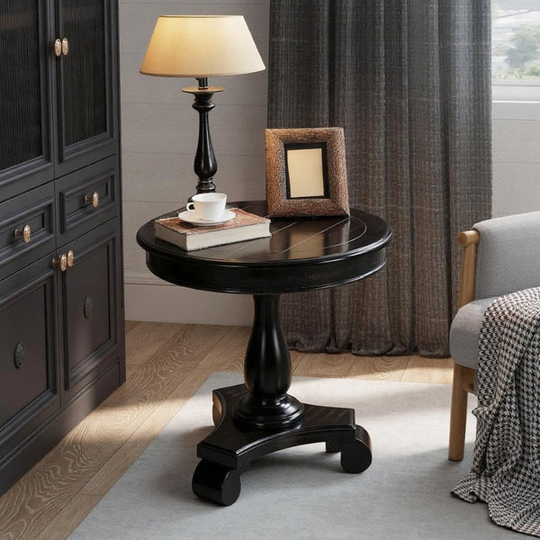 English Elm Rene Carved Solid Wood Round Pedestal Side Table with Scrolled Feet for Living Spaces Black T2574P164760