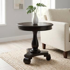 English Elm Rene Carved Solid Wood Round Pedestal Side Table with Scrolled Feet for Living Spaces Black T2574P164760