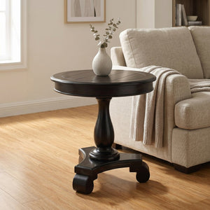 English Elm Rene Carved Solid Wood Round Pedestal Side Table with Scrolled Feet for Living Spaces Black T2574P164760