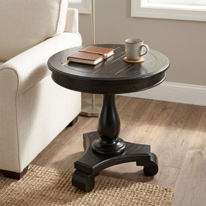 English Elm Rene Carved Solid Wood Round Pedestal Side Table with Scrolled Feet for Living Spaces Black T2574P164760