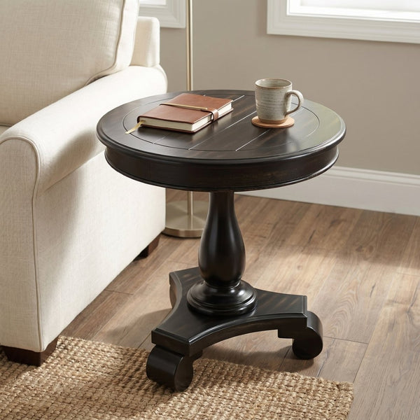 English Elm Rene Carved Solid Wood Round Pedestal Side Table with Scrolled Feet for Living Spaces Black T2574P164760
